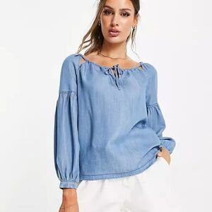 BLUE RAIN Self Tie Chambray Peasant Indigo Blouse Size XS